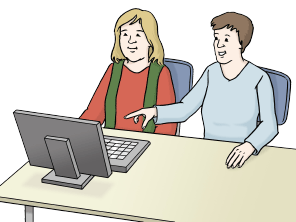 Zeichnung: Zwei Frauen sitzen gemeinsam an einem Tisch vor einem PC. Die eine zeigt etwas auf dem Bildschirm.
