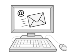 Zeichnung eines Monitors mit Tastatur und Maus. Auf dem Monitor ein E-Mail-Symbol (Briefumschlag in Bewegung, im Hintergrund ein @-Zeichen)