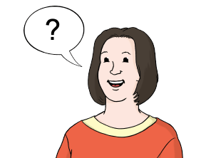 Zeichnung einer dunkelhaarigen Frau, die eine Frage äußert (Fragezeichen-Symbol innerhalb einer Sprechblase)