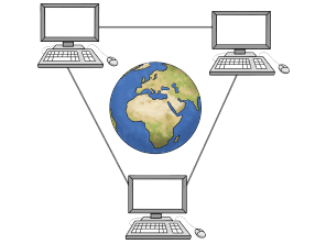 Drei im Dreieck angeordnete Computer, die miteinander vernetzt sind. In der Mitte befindet sich eine Weltkugel.
