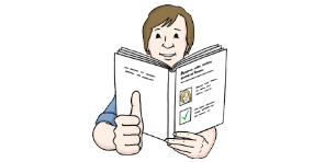Zeichnung einer Person, die in einem Buch in Leichter Sprache liest. Mit der rechten Hand hält sie den Daumen hoch.