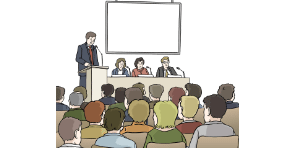 Zeichnung einer Veranstaltungssituation. Ein Sprecher spricht auf einem Podium in ein Mikrofon, das Publikum hört zu.