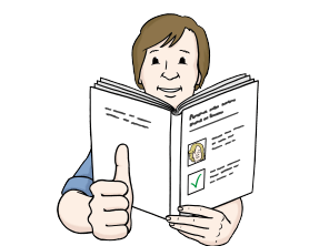 Zeichnung einer Person, die in einem Buch in Leichter Sprache liest. Mit der rechten Hand hält sie den Daumen hoch.