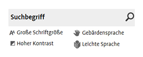 Bildschirmausschnitt der Servicebox in der Kopfzeile mit den Menüpunkten Suchbegriff, Große Schriftgröße, Hoher Kontrast, Gebärdensprache und Leichte Sprache
