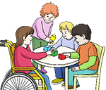 Vier Kinder spielen an einem Tisch. Ein Kind sitzt im Rollstuhl.