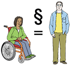 Eine Frau im Rollstuhl, ein Mann steht daneben - dazwischen das Paragraph-Zeichen