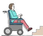 Frau im Rollstuhl vor einer Treppe