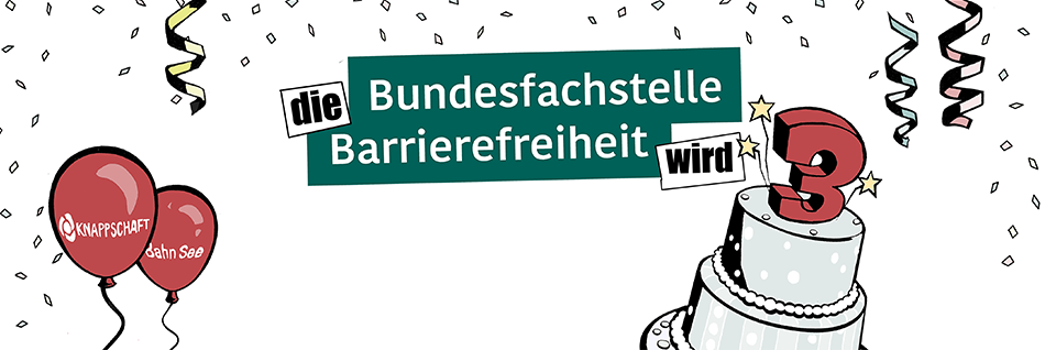 Gezeichnete Geburtstagstorte, Konfetti und Luftballons - Grafik: Bundesfachstelle Barrierefreiheit / Marc-Daniel Klein