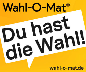 Auf gelbem Hintergrund der Schriftzug "Wahl-O-Mat". Darunter steht in einer weißen Sprechblase: "Du hast die Wahl!" und die Internetadresse wahl-o-mat.de. Bild: bpb