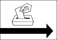 Piktogramm Wahlurne mit Pfeil nach rechts. Bild: Bundesfachstelle Barrierefreiheit