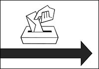 Piktogramm Wahlurne mit Pfeil nach rechts. Bild: Bundesfachstelle Barrierefreiheit