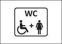 Piktogramm Rollstuhlfahrer und Piktogramm Frau mit Schriftzug WC. Bild: Bundesfachstelle Barrierefreiheit