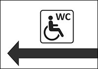 Piktogramm barrierefreies WC: Rollstuhlfahrer mit Schriftzug WC, darunter ein Pfeil nach links. Bild: Bundesfachstelle Barrierefreiheit