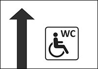 Piktogramm barrierefreies WC: Rollstuhlfahrer mit Schriftzug WC, daneben ein Pfeil nach oben. Bild: Bundesfachstelle Barrierefreiheit