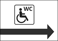 Piktogramm barrierefreies WC: Rollstuhlfahrer mit Schriftzug WC, darunter ein Pfeil nach rechts. Bild: Bundesfachstelle Barrierefreiheit