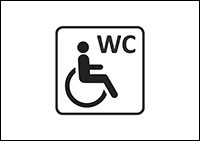 Piktogramm barrierefreies WC: Rollstuhlfahrer mit Schriftzug WC. Bild: Bundesfachstelle Barrierefreiheit