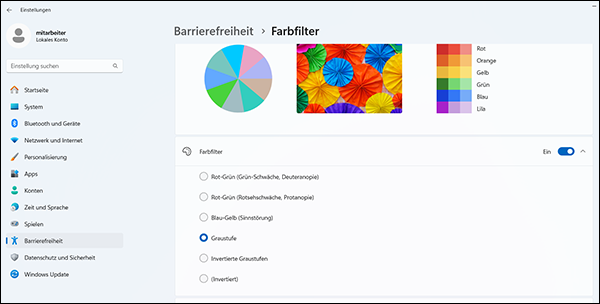 Abbildung der Funktion, wie man Farbfilter bei Windows aktiviert