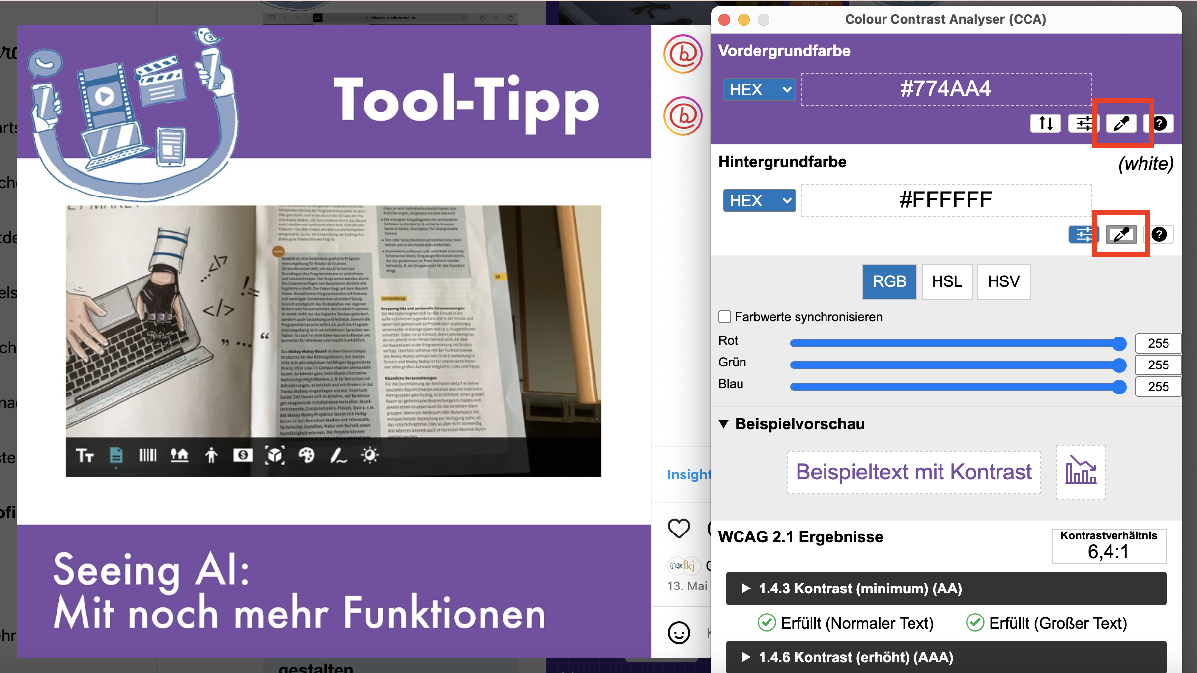 Abbildung der Funktion, wie man Kontraste mit dem Colour Contrast Analyser überprüft