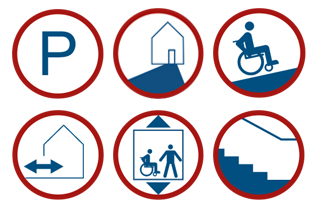 Die Grafik zeigt Beispielsymbole zur Kennzeichnung der Barrierefreiheit in Architekturplänen. Grafik: Bundesfachstelle Barrierefreiheit