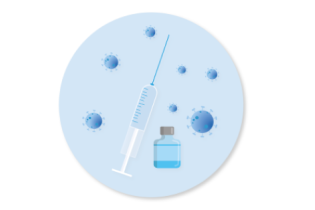 Die Grafik zeigt eine Spritze sowie ein Fläschchen mit einer Impfdosis und darum verteilt stilisierte Viren. Grafik: Alexandra_Koch auf Pixabay 
