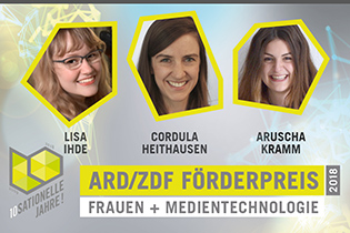 Die drei Preisträgerinnen des ARD/ZDF Förderpreises 2018 jeweils mit Porträtfoto. Darunter das Logo des Förderpreises. Foto: ARD/ZDF Förderpreis/privat