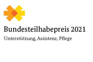 Schriftzug "Bundesteilhabepreis 2021, Unterstützung, Assistenz, Pflege" (und daneben gelbe Pfeile). Grafik: Bundesfachstelle Barrierefreiheit