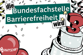 Gezeichnete Geburtstagstorte, Konfetti und Luftballons - Grafik: Bundesfachstelle Barrierefreiheit / Marc-Daniel Klein