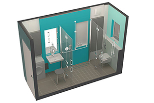 3-D-Grafik eines umgebauten schmalen Badezimmers. Grafik: Violet Design