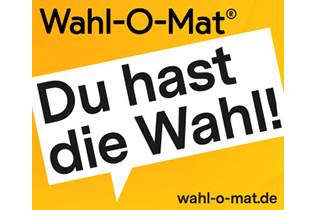 Auf gelbem Hintergrund der Schriftzug "Wahl-O-Mat". Darunter steht in einer weißen Sprechblase: "Du hast die Wahl!" und die Internetadresse wahl-o-mat.de. Bild: bpb