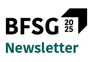 In schwarz steht: "BFSG 2025", darunter in Petrolfarben "Newsletter"